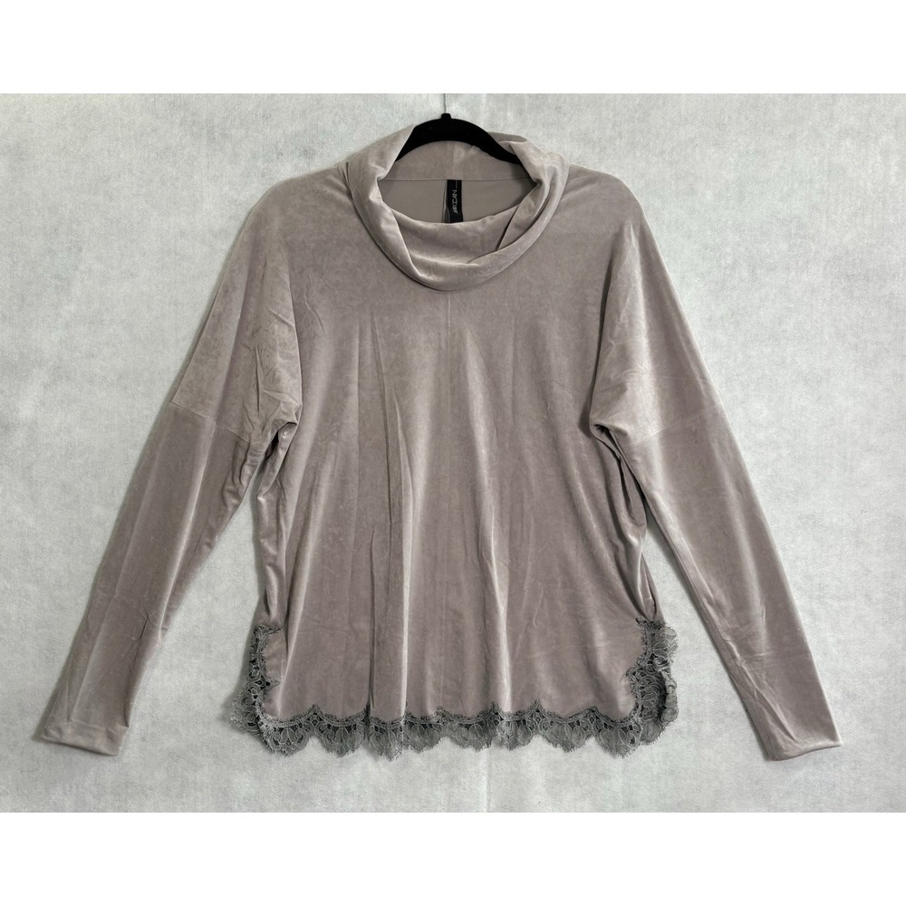 MARC CAIN Women Turtleneck Lace Hem Faux Suede Long Sleeve Top Sz M Gray 26-16